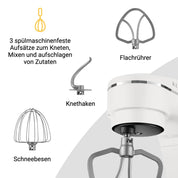 KLAMER Küchenmaschine 1800W, Knetmaschine Brotteig mit Edelstahl-Rührschüssel 6 L, 10 Stufen mit Timer, Planetenrührwerk, Rührbesen, Knethaken, Schneebesen & Sichtdeckel (weiß)