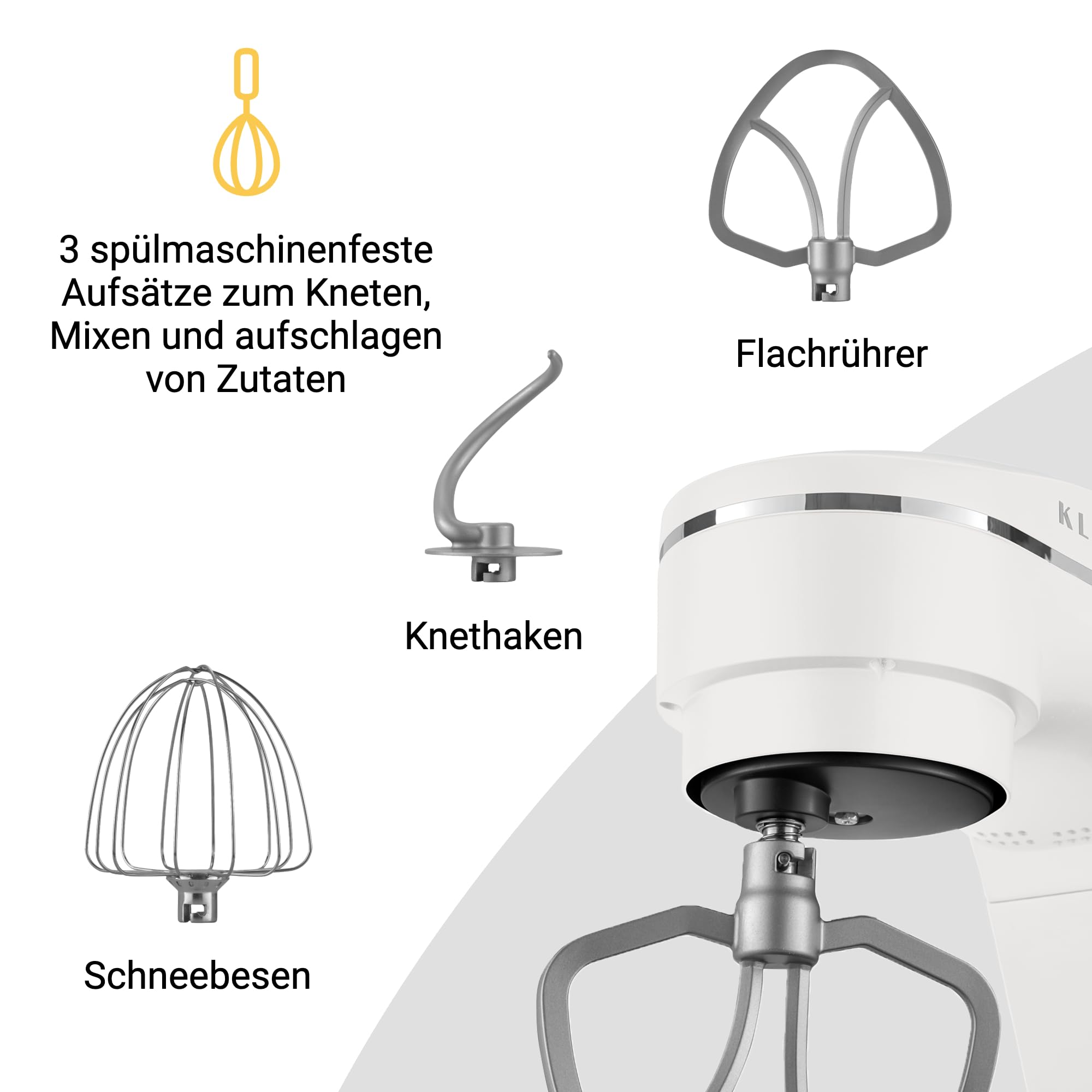 KLAMER Küchenmaschine 1800W, Knetmaschine Brotteig mit Edelstahl-Rührschüssel 6 L, 10 Stufen mit Timer, Planetenrührwerk, Rührbesen, Knethaken, Schneebesen & Sichtdeckel (weiß)