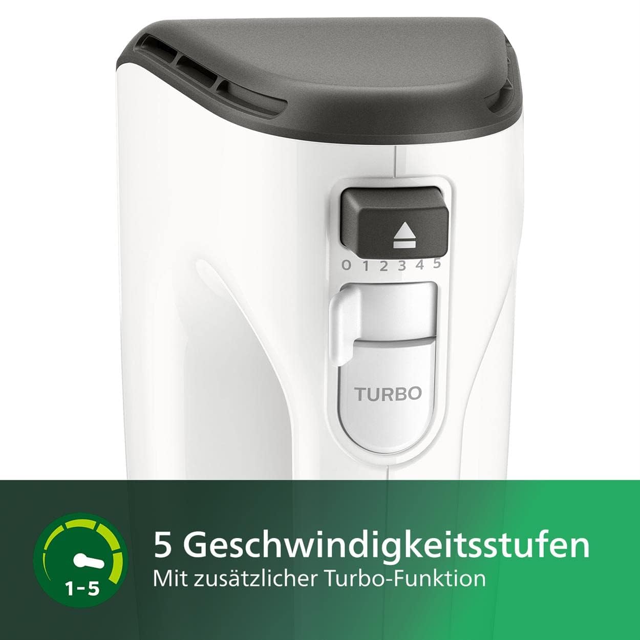 Philips Domestic Appliances HR3741/00 Handmixer, 450 W, 5 Geschwindigkeiten plus Turbo ,‎21.41 x 20.8 x 11.4 cm, weiß/schwarz