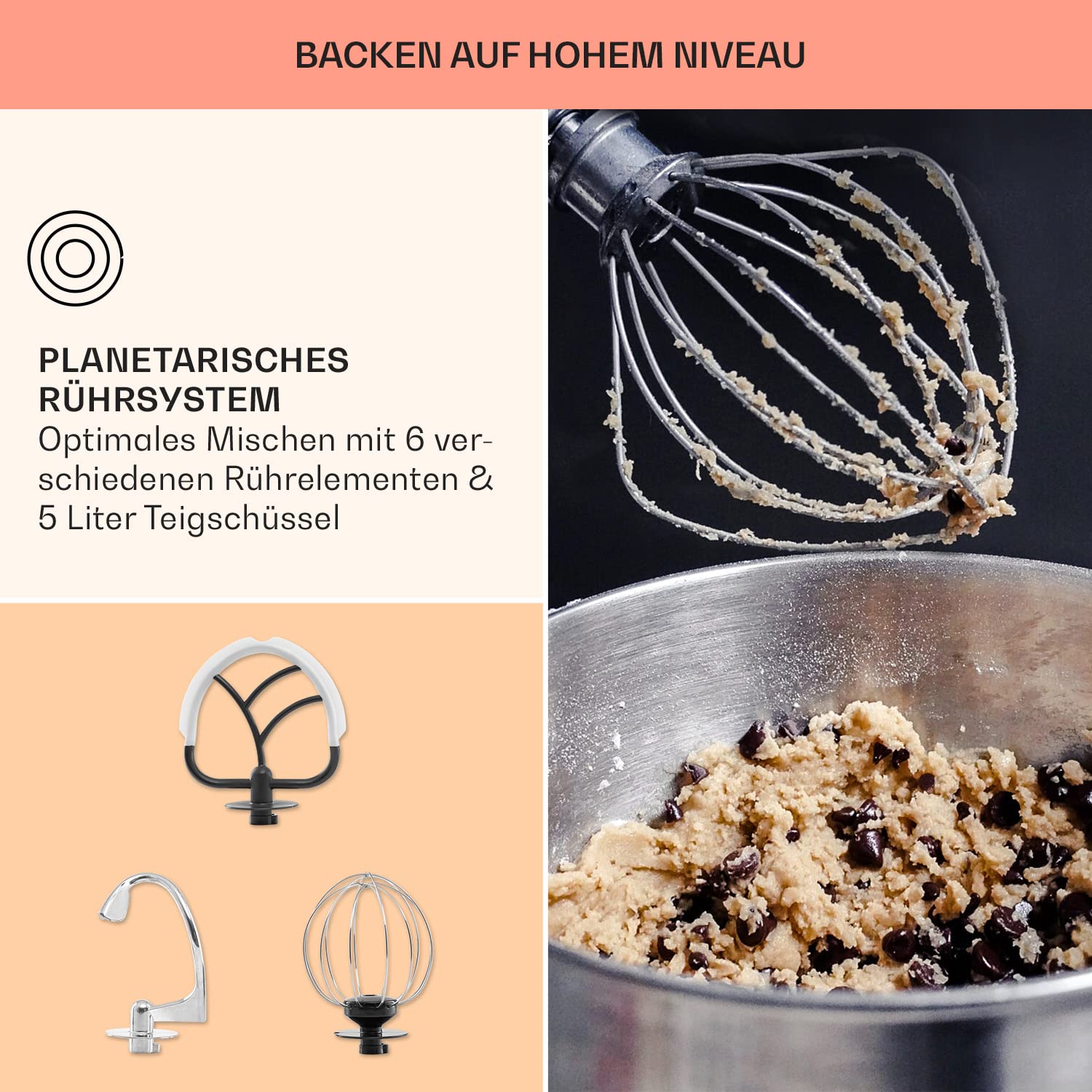 Klarstein Knetmaschine Küchenmaschine zum Backen, 1300W Teigmaschine Klein, 6 Stufen, Schneebesen Rühr- & Knethaken, 5L Schüssel, Planetenrührwerk, Rührmaschine mit Mixer, Küchenmaschinen für Brotteig