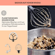 Klarstein Knetmaschine Küchenmaschine zum Backen, 1300W Teigmaschine Klein, 6 Stufen, Schneebesen Rühr- & Knethaken, 5L Schüssel, Planetenrührwerk, Rührmaschine mit Mixer, Küchenmaschinen für Brotteig