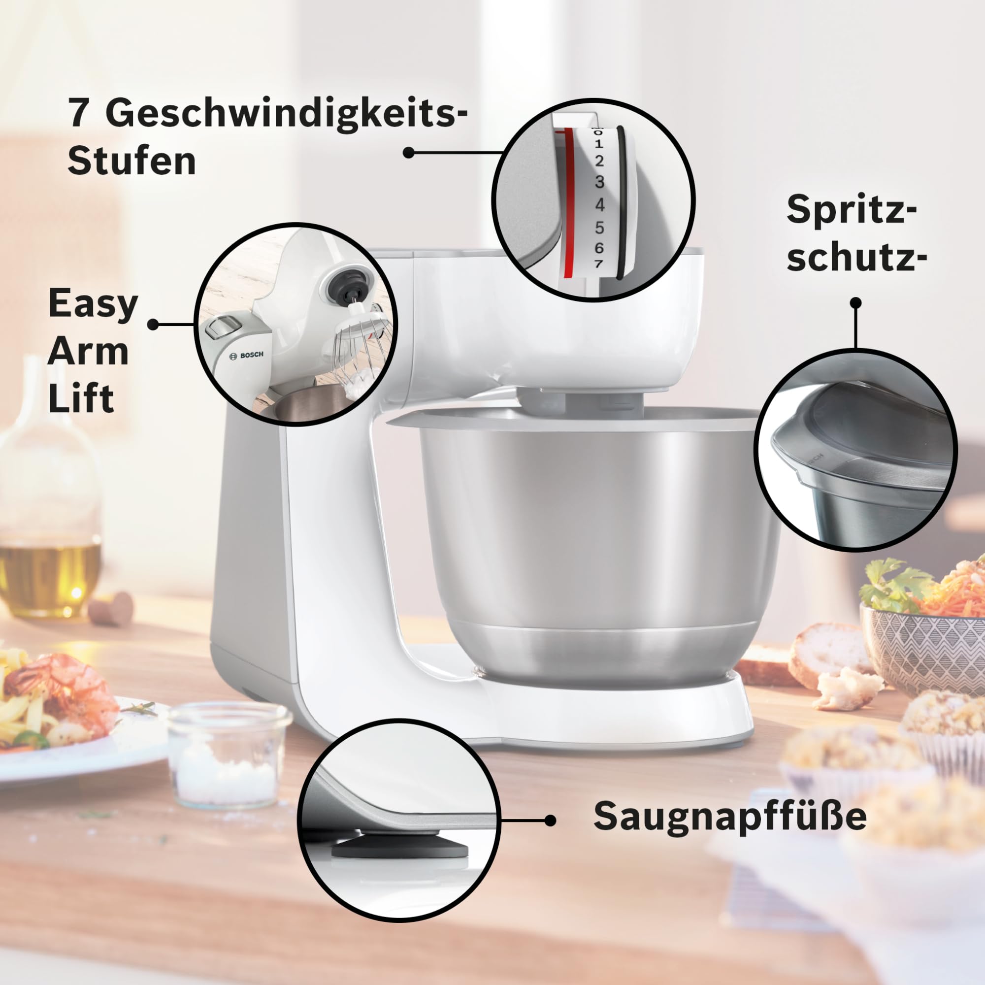 Bosch Küchenmaschine Serie 4 MUM58W20, Edelstahl-Schüssel 3,9 L, Mixer 1,25 L, Planetenrührwerk, Knethaken, Schlag- und Rührbesen Edelstahl, Durchlaufschnitzler, 3 Scheiben, 1000 W, Weiß