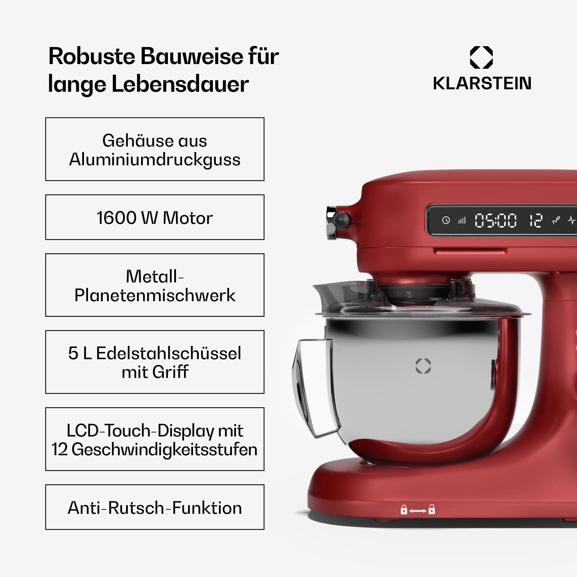 Klarstein Chiara 1600W Küchenmaschine – 5L Edelstahlschüssel, 12 Geschwindigkeiten, LCD-Touch-Display, Leise ≤72 dB, Spülmaschinenfestes Patisserie-Set, Aluminium-Druckgussgehäuse, Rot