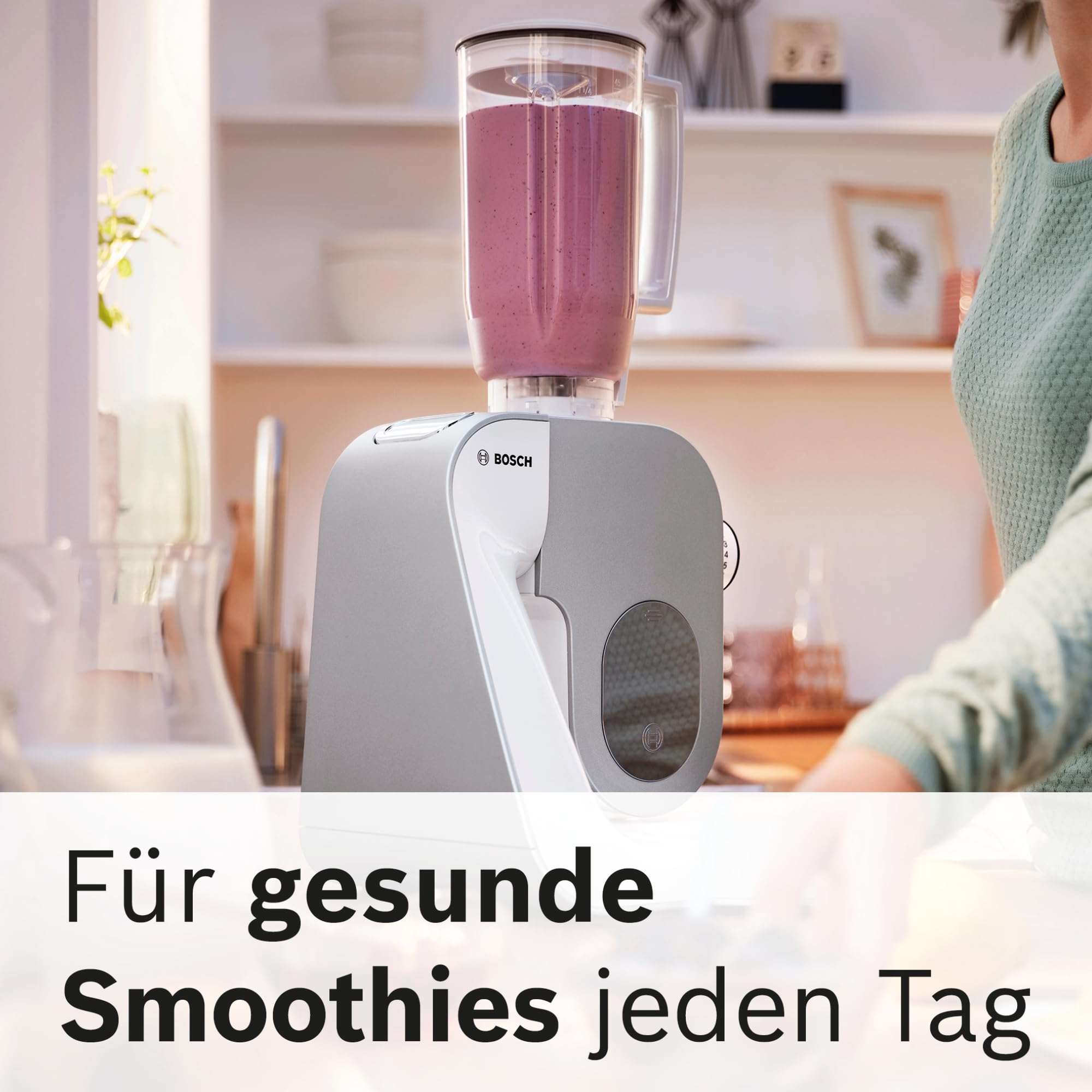 Bosch Küchenmaschine Serie 4 MUM58W20, Edelstahl-Schüssel 3,9 L, Mixer 1,25 L, Planetenrührwerk, Knethaken, Schlag- und Rührbesen Edelstahl, Durchlaufschnitzler, 3 Scheiben, 1000 W, Weiß