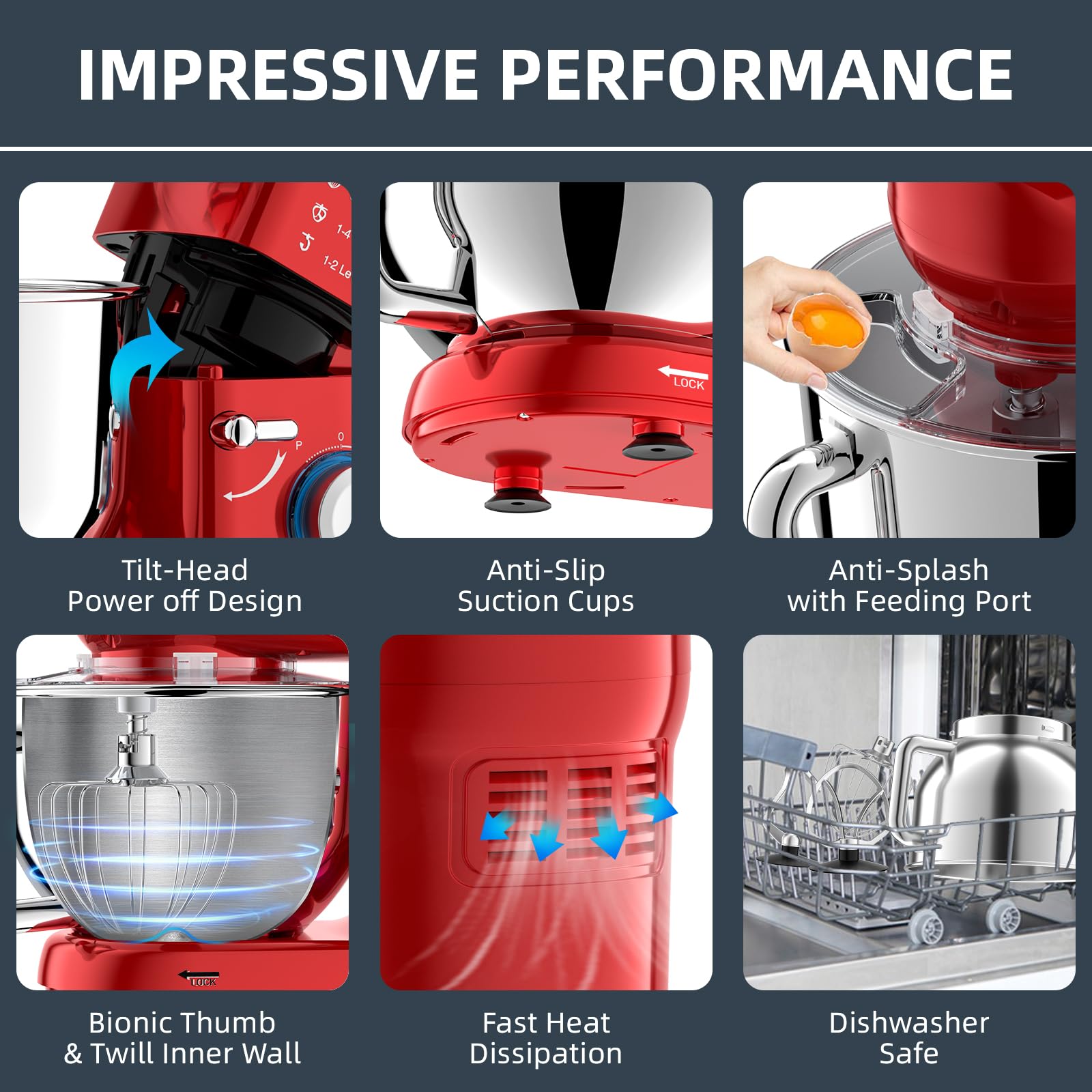 Küchenmaschine Knetmaschine 2000W Teigmaschine Rührmaschine mit 6,5L Edelstahl Schüssel 6 Geschwindigkeiten Geräuscharme Teigknetmaschine inkl Rührbesen, Knethaken, Schläger und Spritzschutz
