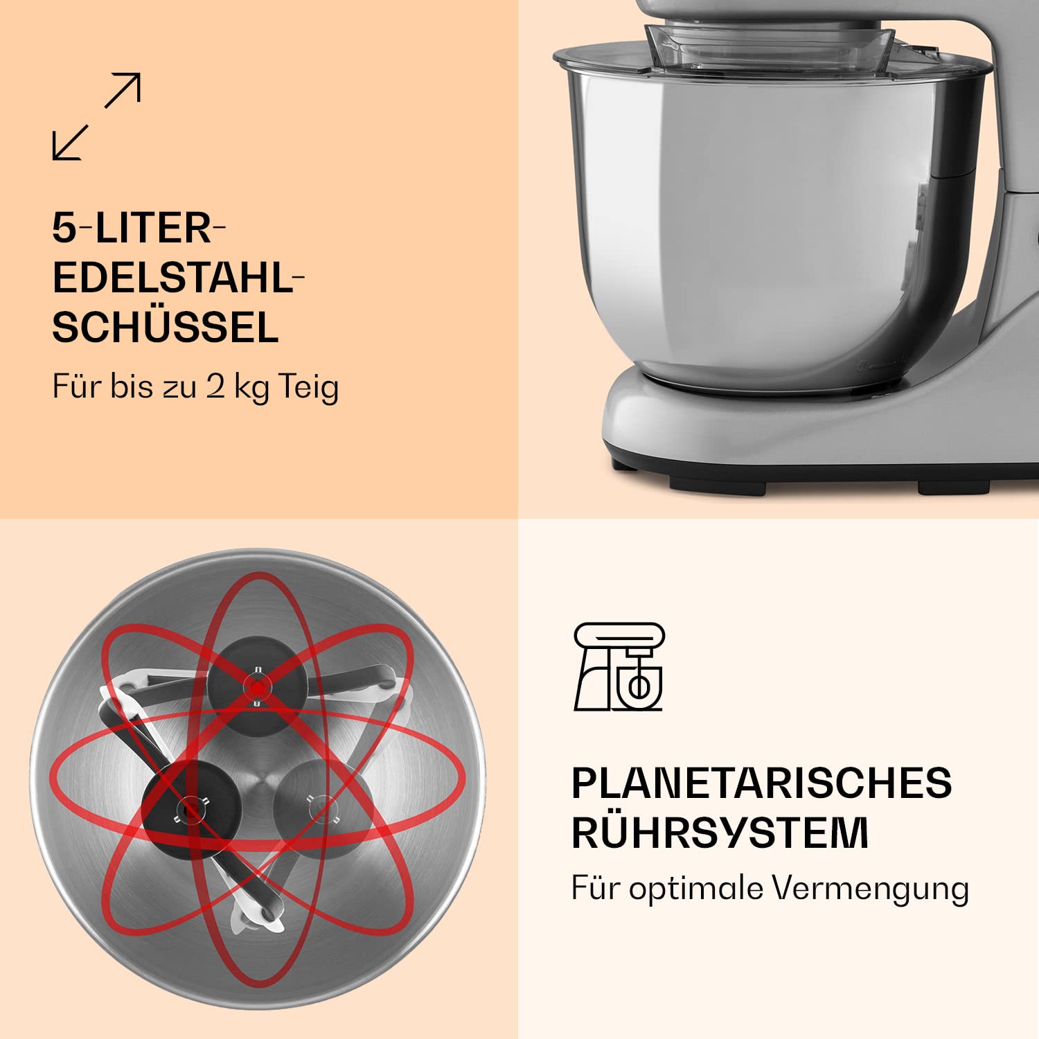 Klarstein Knetmaschine Küchenmaschine zum Backen, 1300W Teigmaschine Klein, 6 Stufen, Schneebesen Rühr- & Knethaken, 5L Schüssel, Planetenrührwerk, Rührmaschine mit Mixer, Küchenmaschinen für Brotteig