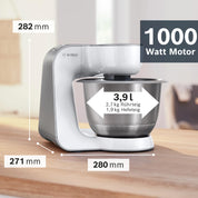 Bosch Küchenmaschine Serie 4 MUM58W20, Edelstahl-Schüssel 3,9 L, Mixer 1,25 L, Planetenrührwerk, Knethaken, Schlag- und Rührbesen Edelstahl, Durchlaufschnitzler, 3 Scheiben, 1000 W, Weiß