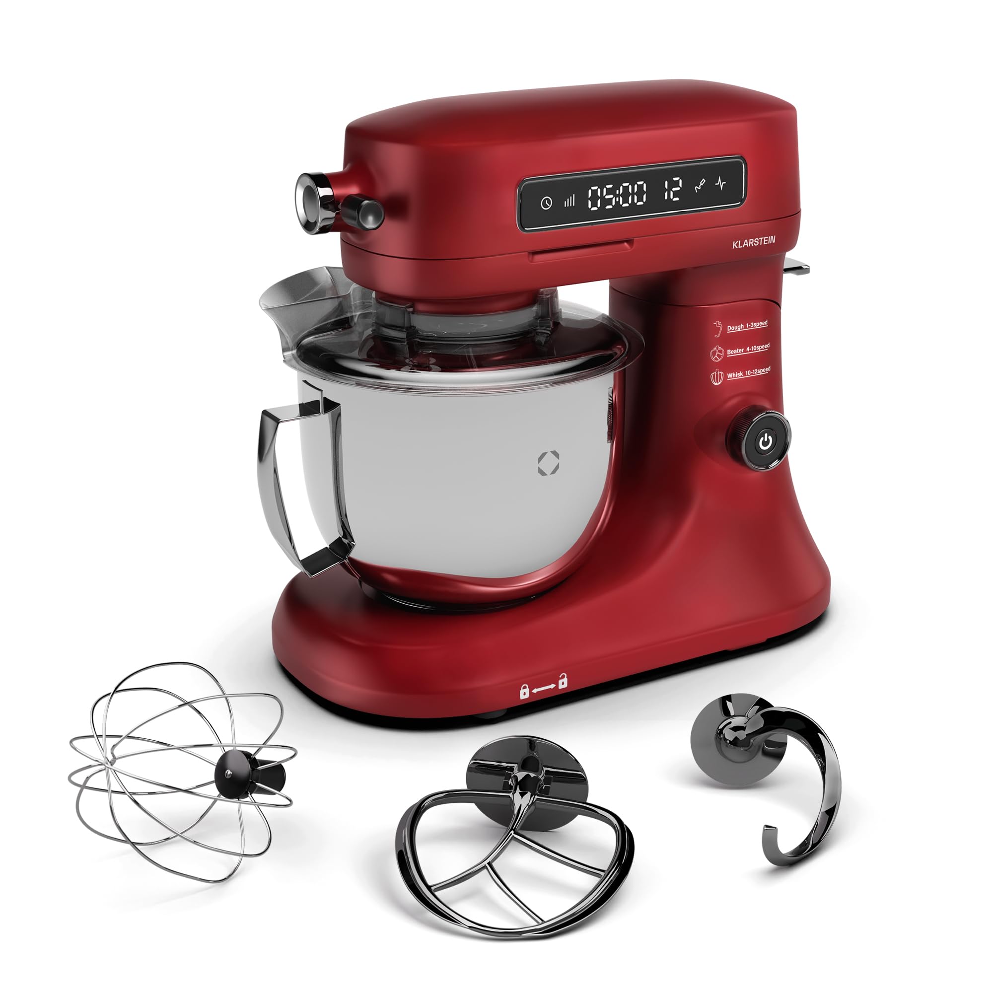 Klarstein Chiara 1600W Küchenmaschine – 5L Edelstahlschüssel, 12 Geschwindigkeiten, LCD-Touch-Display, Leise ≤72 dB, Spülmaschinenfestes Patisserie-Set, Aluminium-Druckgussgehäuse, Rot