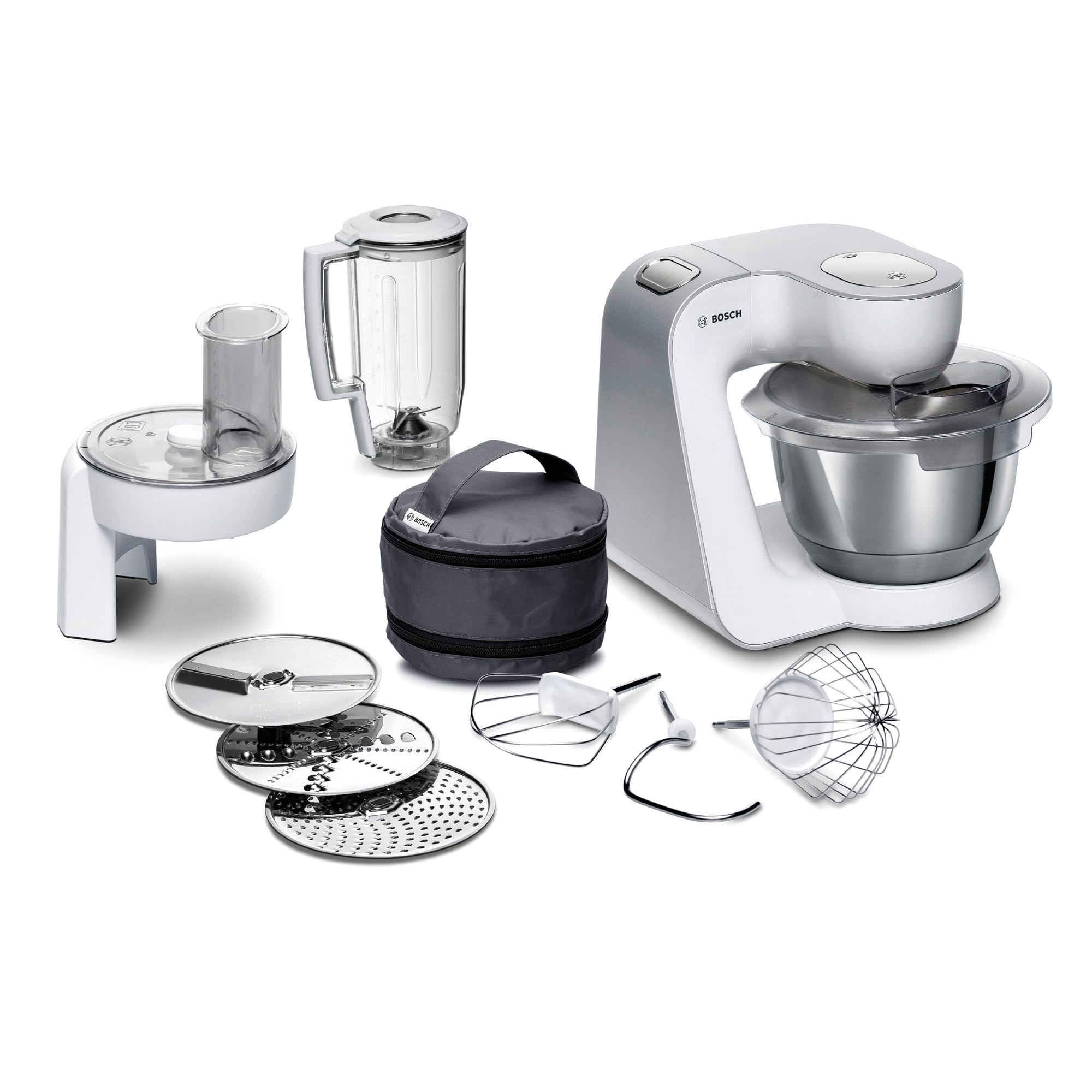 Bosch Küchenmaschine Serie 4 MUM58W20, Edelstahl-Schüssel 3,9 L, Mixer 1,25 L, Planetenrührwerk, Knethaken, Schlag- und Rührbesen Edelstahl, Durchlaufschnitzler, 3 Scheiben, 1000 W, Weiß