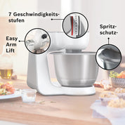 Bosch Küchenmaschine Serie 4 MUM58200, Knethaken, Rühr- & Schneebesen aus Edelstahl, Zubehörtasche, Edelstahlschüssel spülma.fest, 3D Rührsystem, weiß/silber