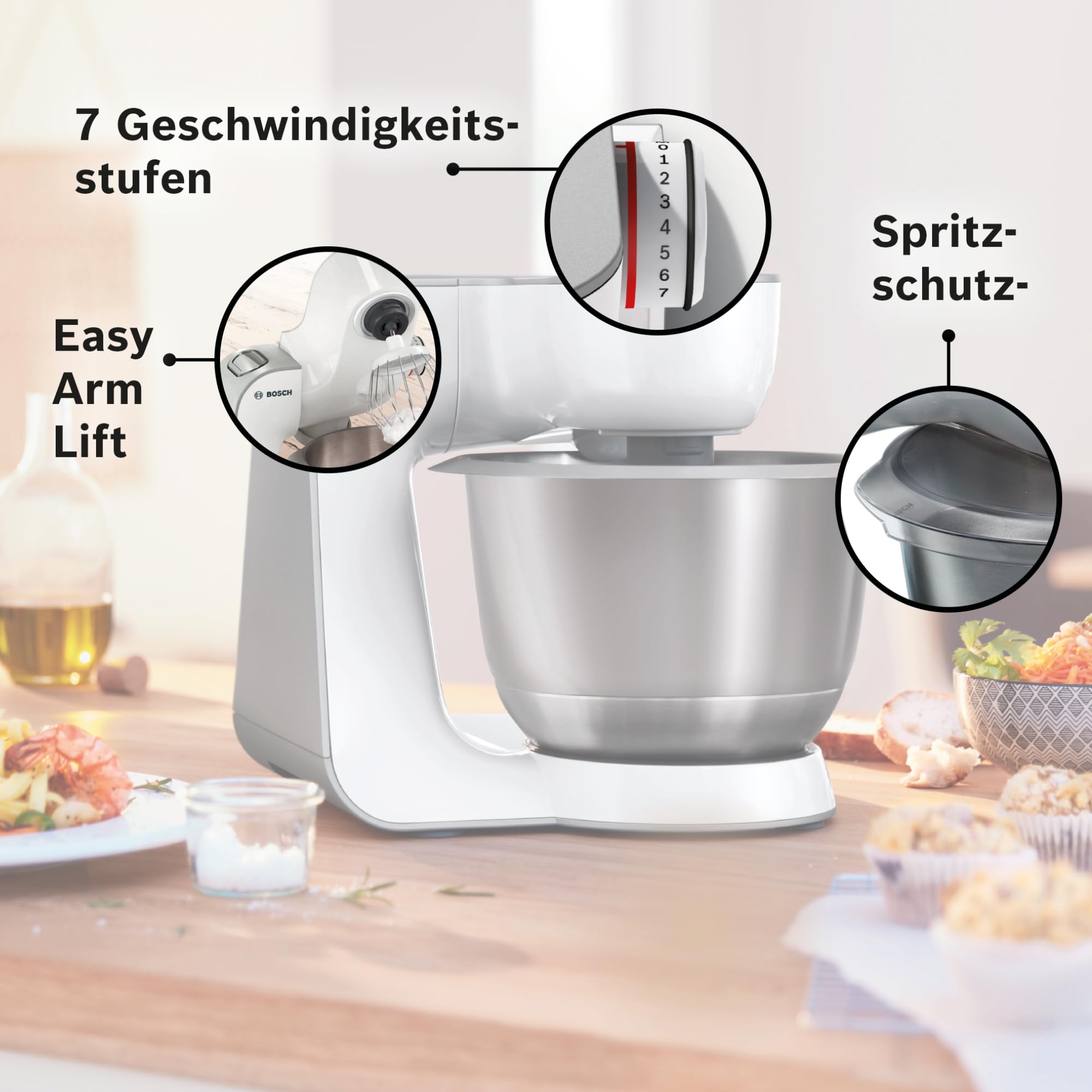 Bosch Küchenmaschine Serie 4 MUM58200, Knethaken, Rühr- & Schneebesen aus Edelstahl, Zubehörtasche, Edelstahlschüssel spülma.fest, 3D Rührsystem, weiß/silber