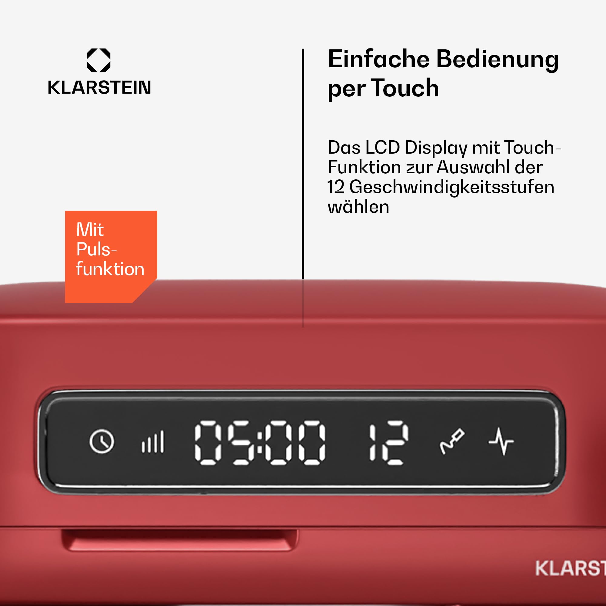 Klarstein Chiara 1600W Küchenmaschine – 5L Edelstahlschüssel, 12 Geschwindigkeiten, LCD-Touch-Display, Leise ≤72 dB, Spülmaschinenfestes Patisserie-Set, Aluminium-Druckgussgehäuse, Rot