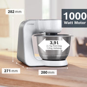 Bosch Küchenmaschine Serie 4 MUM58200, Knethaken, Rühr- & Schneebesen aus Edelstahl, Zubehörtasche, Edelstahlschüssel spülma.fest, 3D Rührsystem, weiß/silber