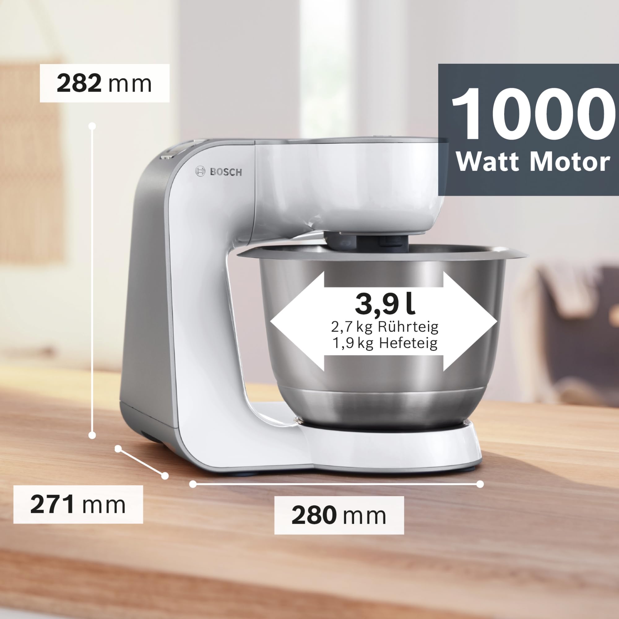 Bosch Küchenmaschine Serie 4 MUM58200, Knethaken, Rühr- & Schneebesen aus Edelstahl, Zubehörtasche, Edelstahlschüssel spülma.fest, 3D Rührsystem, weiß/silber
