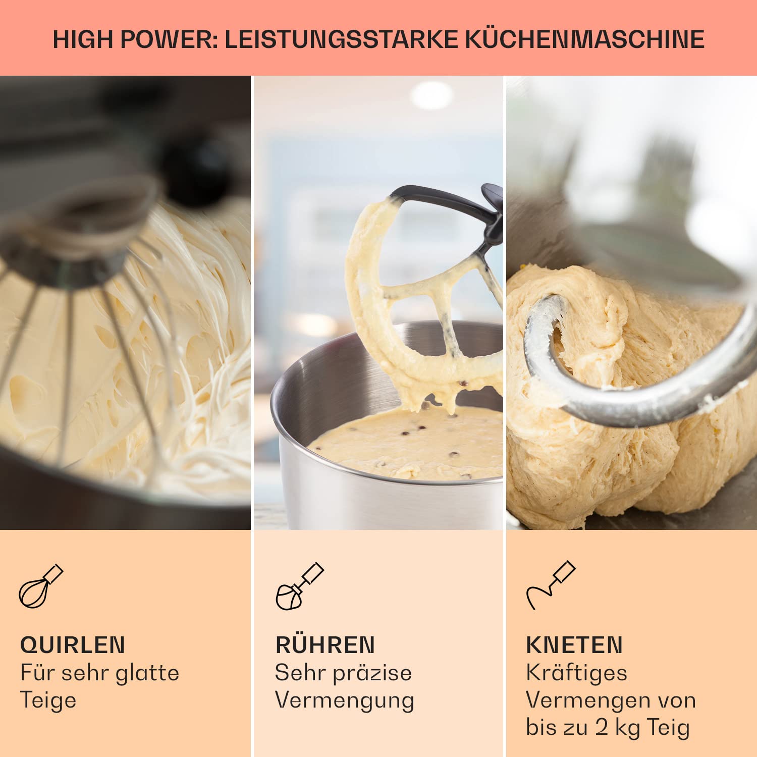 Klarstein Knetmaschine Küchenmaschine zum Backen, 1300W Teigmaschine Klein, 6 Stufen, Schneebesen Rühr- & Knethaken, 5L Schüssel, Planetenrührwerk, Rührmaschine mit Mixer, Küchenmaschinen für Brotteig