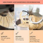Klarstein Knetmaschine Küchenmaschine zum Backen, 1300W Teigmaschine Klein, 6 Stufen, Schneebesen Rühr- & Knethaken, 5L Schüssel, Planetenrührwerk, Rührmaschine mit Mixer, Küchenmaschinen für Brotteig