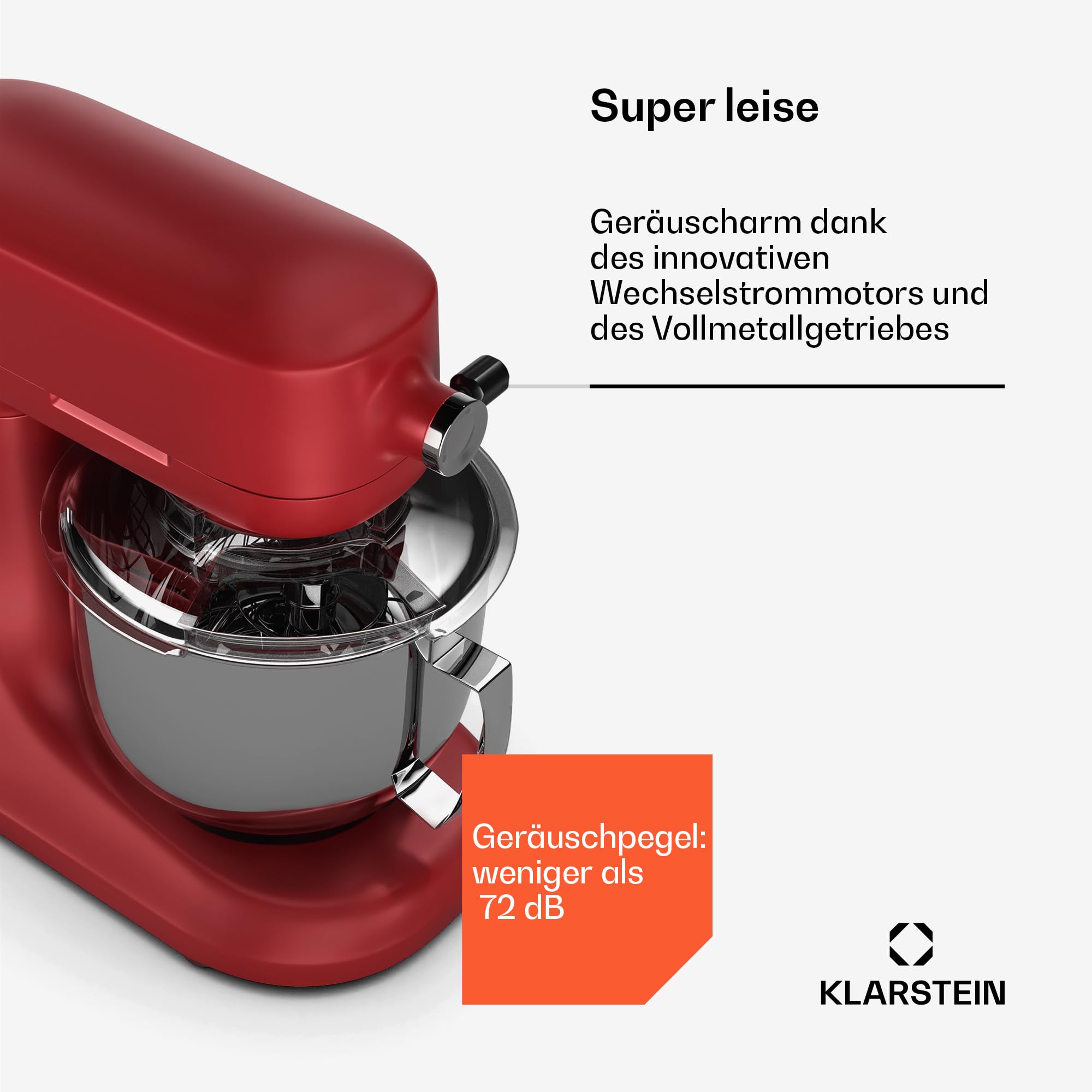Klarstein Chiara 1600W Küchenmaschine – 5L Edelstahlschüssel, 12 Geschwindigkeiten, LCD-Touch-Display, Leise ≤72 dB, Spülmaschinenfestes Patisserie-Set, Aluminium-Druckgussgehäuse, Rot