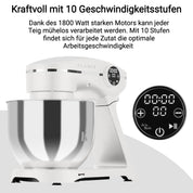 KLAMER Küchenmaschine 1800W, Knetmaschine Brotteig mit Edelstahl-Rührschüssel 6 L, 10 Stufen mit Timer, Planetenrührwerk, Rührbesen, Knethaken, Schneebesen & Sichtdeckel (weiß)