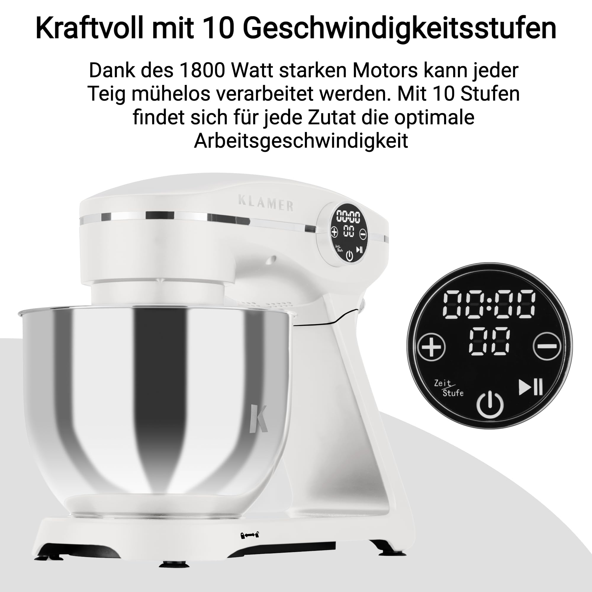 KLAMER Küchenmaschine 1800W, Knetmaschine Brotteig mit Edelstahl-Rührschüssel 6 L, 10 Stufen mit Timer, Planetenrührwerk, Rührbesen, Knethaken, Schneebesen & Sichtdeckel (weiß)