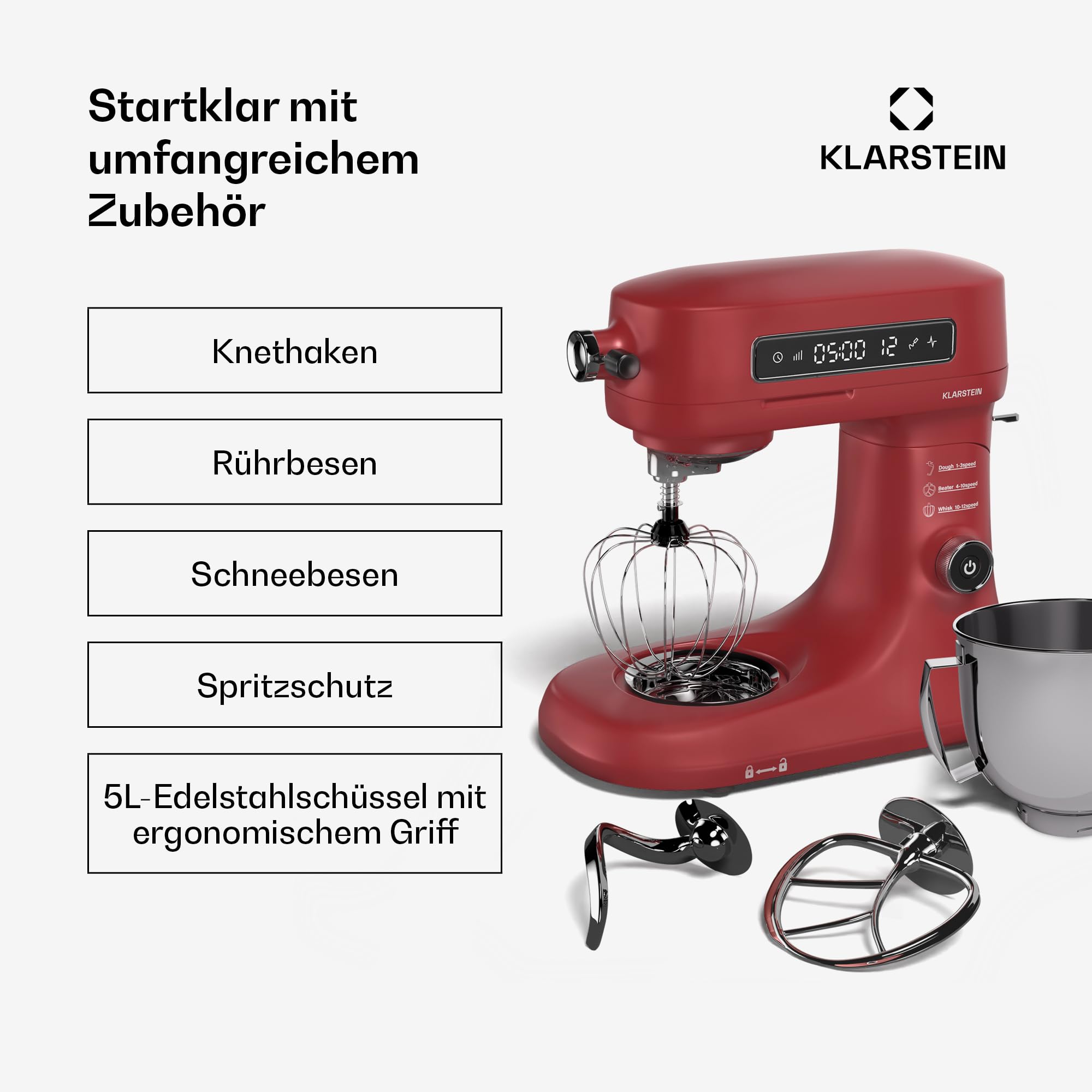 Klarstein Chiara 1600W Küchenmaschine – 5L Edelstahlschüssel, 12 Geschwindigkeiten, LCD-Touch-Display, Leise ≤72 dB, Spülmaschinenfestes Patisserie-Set, Aluminium-Druckgussgehäuse, Rot