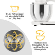 KLAMER Küchenmaschine 1800W, Knetmaschine Brotteig mit Edelstahl-Rührschüssel 6 L, 10 Stufen mit Timer, Planetenrührwerk, Rührbesen, Knethaken, Schneebesen & Sichtdeckel (weiß)