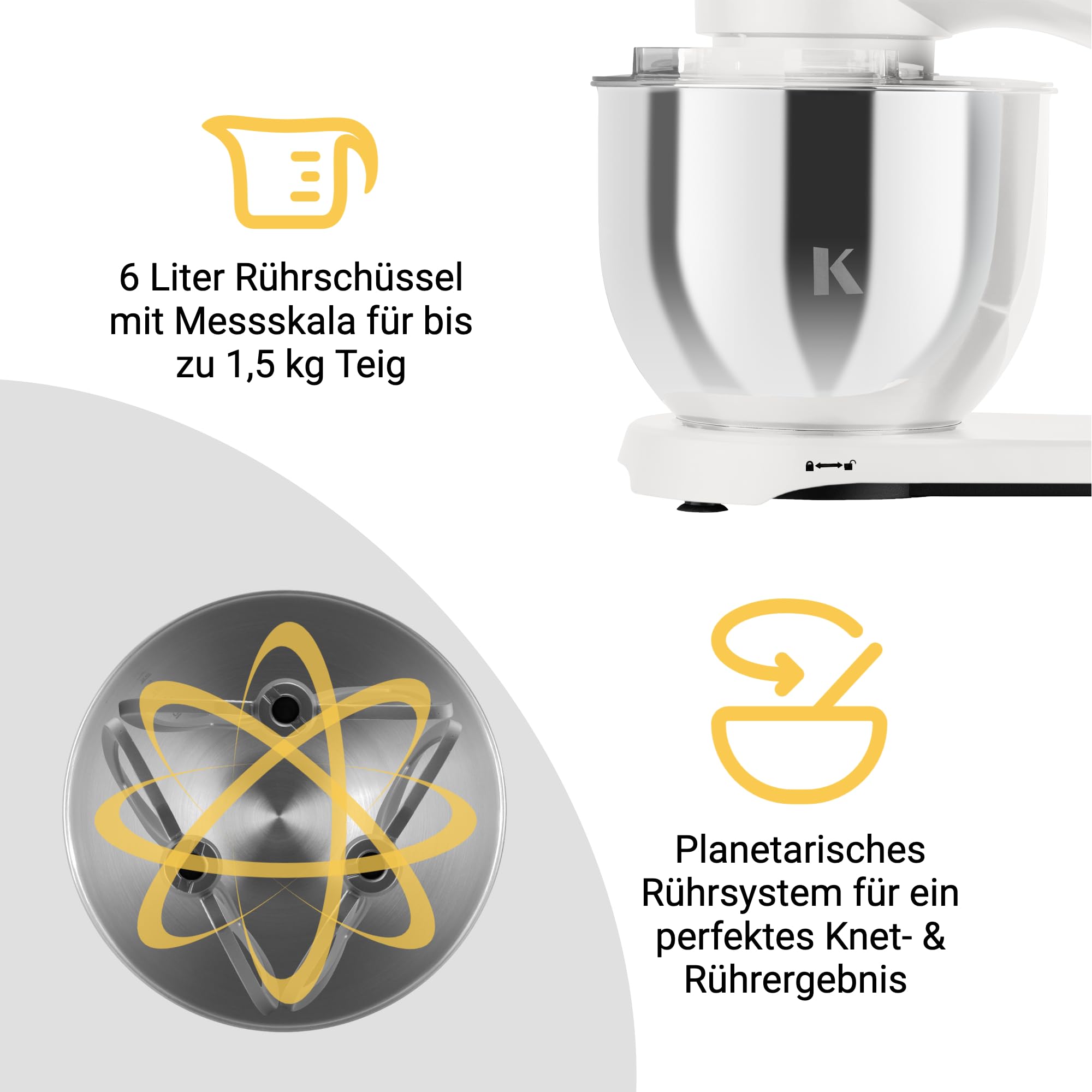 KLAMER Küchenmaschine 1800W, Knetmaschine Brotteig mit Edelstahl-Rührschüssel 6 L, 10 Stufen mit Timer, Planetenrührwerk, Rührbesen, Knethaken, Schneebesen & Sichtdeckel (weiß)