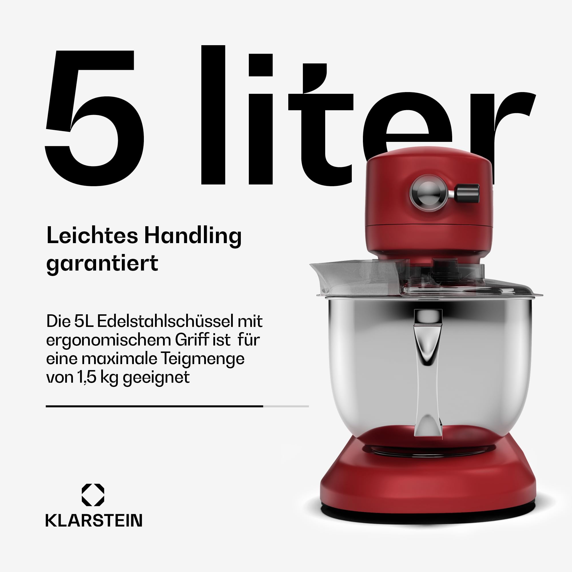 Klarstein Chiara 1600W Küchenmaschine – 5L Edelstahlschüssel, 12 Geschwindigkeiten, LCD-Touch-Display, Leise ≤72 dB, Spülmaschinenfestes Patisserie-Set, Aluminium-Druckgussgehäuse, Rot