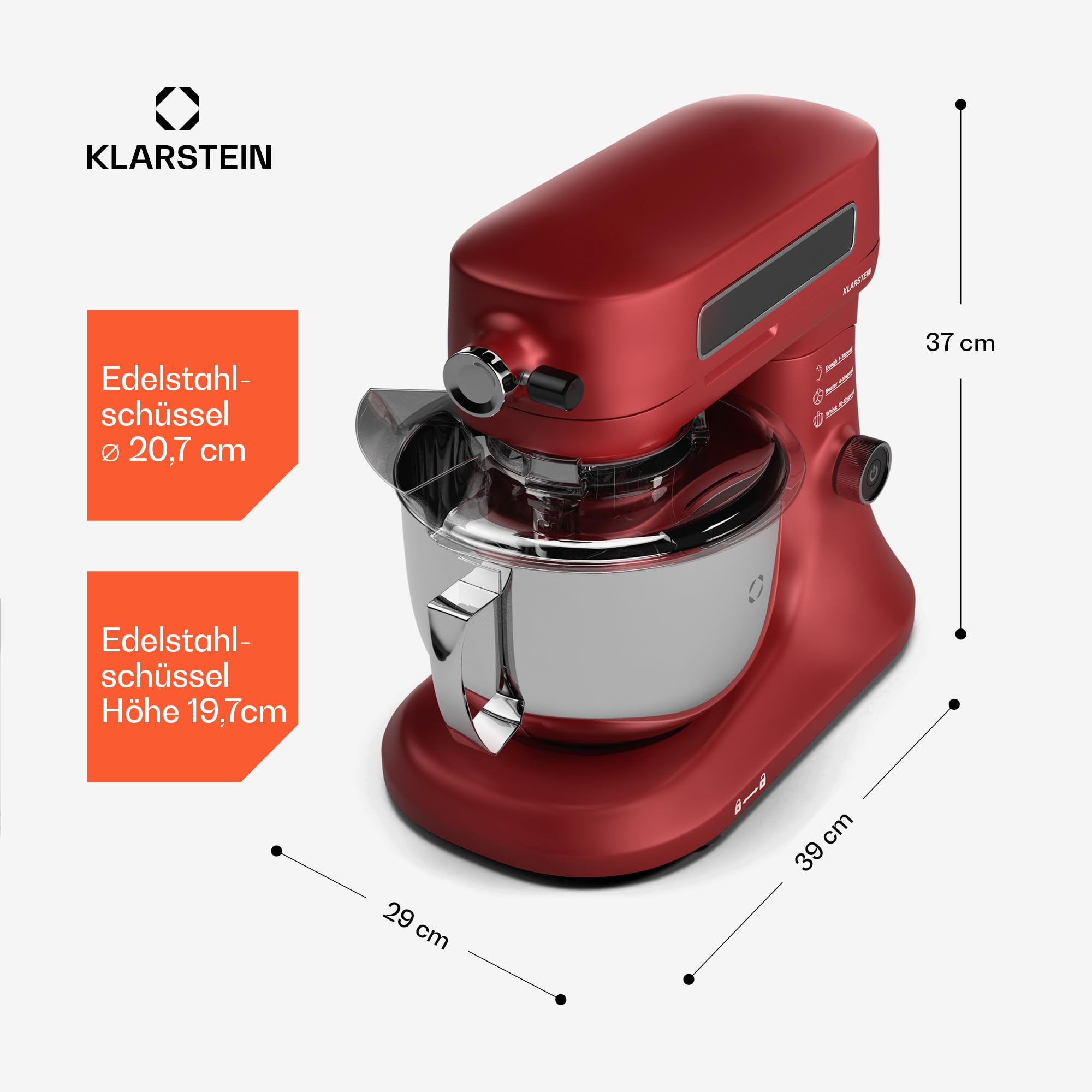 Klarstein Chiara 1600W Küchenmaschine – 5L Edelstahlschüssel, 12 Geschwindigkeiten, LCD-Touch-Display, Leise ≤72 dB, Spülmaschinenfestes Patisserie-Set, Aluminium-Druckgussgehäuse, Rot