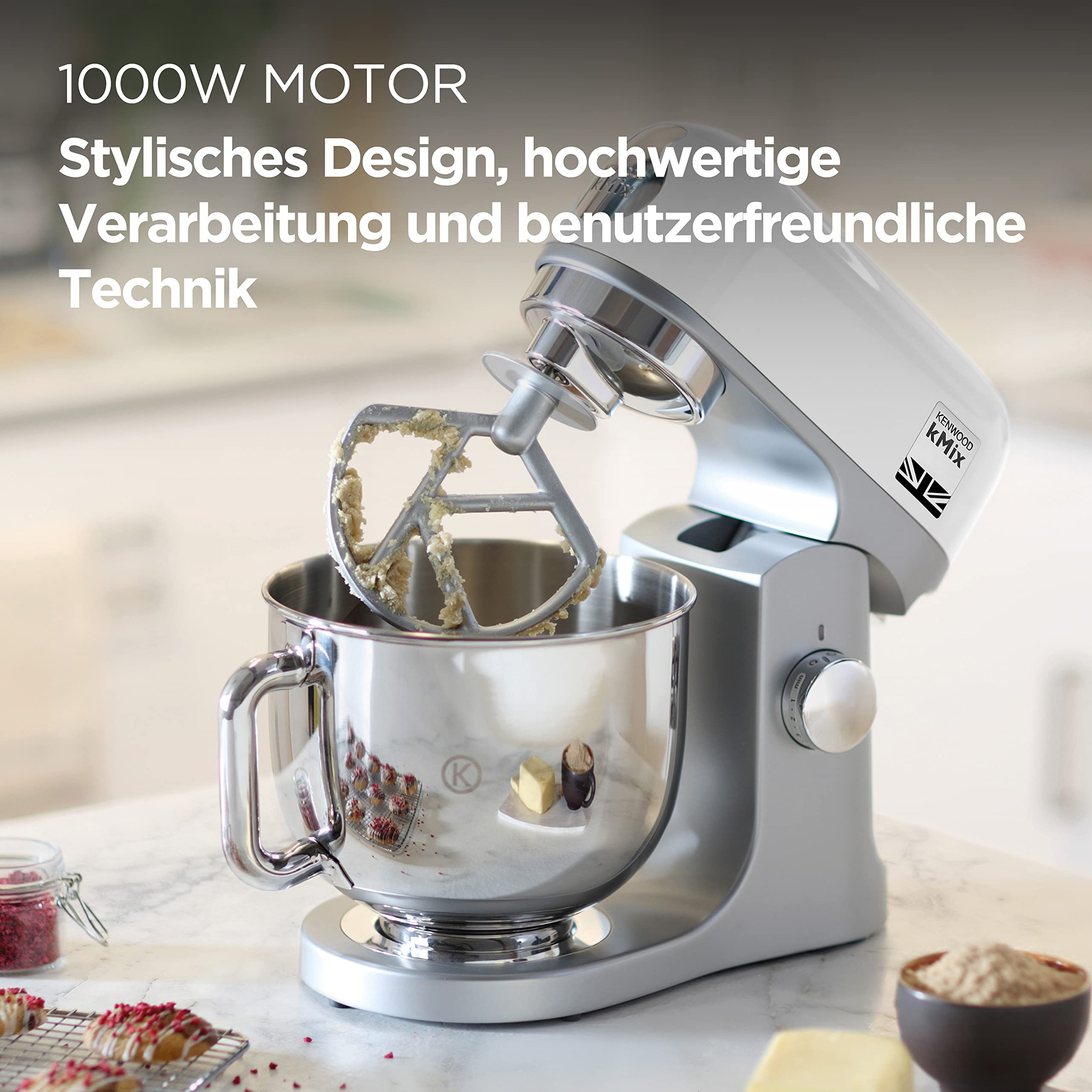 Kenwood kMix KMX750WH Küchenmaschine, 5 l Edelstahl Schüssel, Safe-Use-Sicherheitssystem, Metallgehäuse, 1000 Watt, inkl. 3-Teiligem Patisserie-Set und Spritzschutz, Weiß